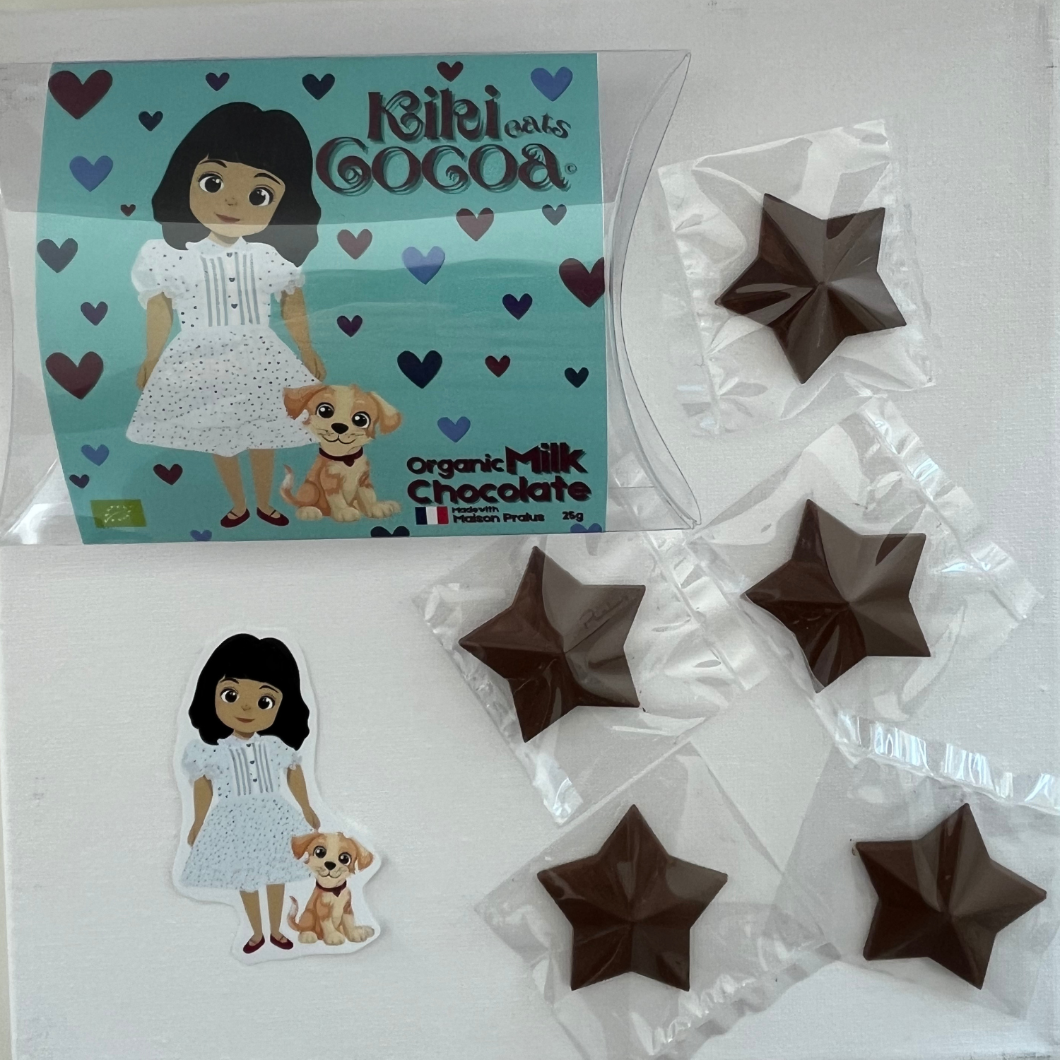 Kiki and Boston, Milk Chocolate Stars, Made with Maison Pralus and sticker